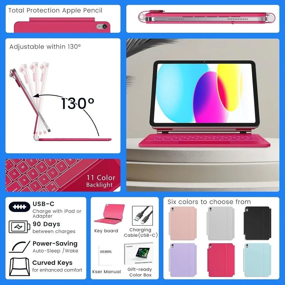 Azalea Red iPad 11th 10th Gen Keyboard Case‎ with Backlit Keys & Touch Trackpad